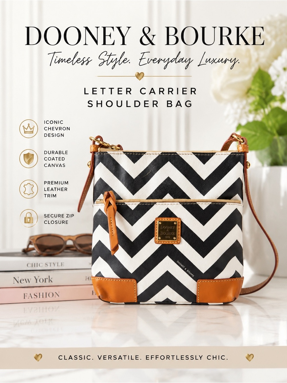Dooney & Bourke Black/White Chevron - Letter Carrier' Shoulder Bag.